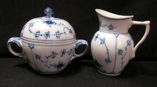 Royal Copenhagen Blue Fluted Plain Sugar Bowl With Lid 160/161 And Creamer 394
