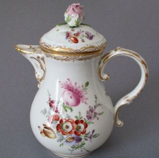 Antique Meissen Hand Painted Porcelain Small Teapot Colorful Flowers,  Gilt Trim
