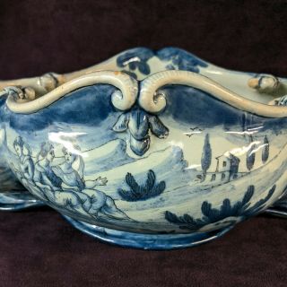 LG Blue White North Wind Handle Cantagalli Pottery Italian Bowl Vase Cockerel 3