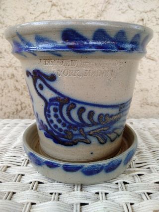 Large Beaumont Pottery York Maine Salt Glazed Blue Decorated Bird Flower Pot 