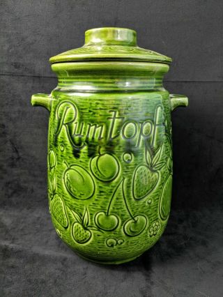 Rumtopf West Germany 204 - 28 Green Rum Fruit Cookie Crock Pot Jar And Lid Vintage