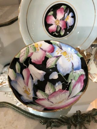 Vintage Paragon Handpainted Flowers On Black Tea Cup Saucer Set Pale Blue