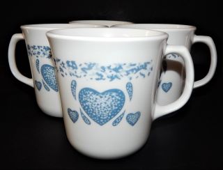4 Corelle Country Sponge Blue Heart Coffee Tea Cup Mugs Corning Ware Usa White