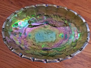Vintage Iridescence Green Indiana Carnival Glass Footed Oval Fruit Bowl Harvest