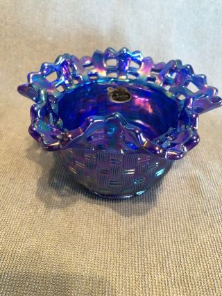 Stunning Vintage Fenton Blue Carnival Glass Bowl Basket Weave.  No Damage