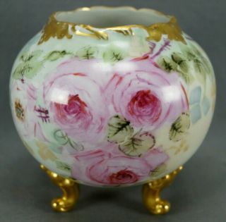 T & V Limoges Hand Painted Large Pink Roses & Gold Footed Rose Bowl C.  1892 - 1907