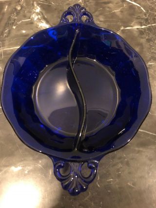 Vintage Cobalt Blue Glass Divided Candy Dish With Keyhole Handles