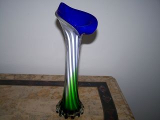 Vintage Twirl Art Glass Green Blue Flower Shaped Vase