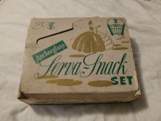 Nos Vintage Anchorglass Serva Snack Set 4 Serving Trays 4 Mugs Glass Set Circle