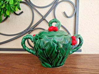 Vintage Lefton Christmas Green Holly And Berry Sugar Bowl