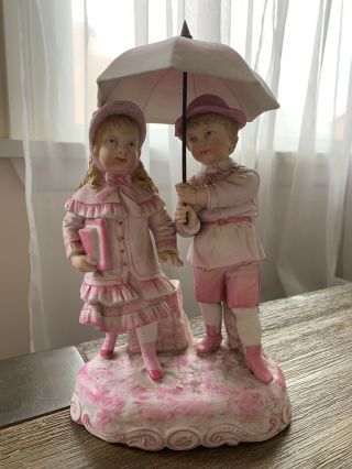 Antique German (?) Bisque Porcelain Statues Figures Boy & Girl Holding Umbrella