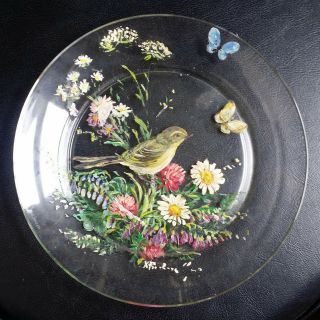 Vintage,  Hand Painted Bird And Flowers,  Signed,  Clear Glass.