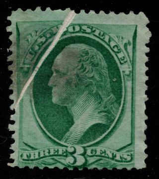 1873 Us Sc 158 - 3c Washington With Diagonal Pre - Printing Paper Fold,