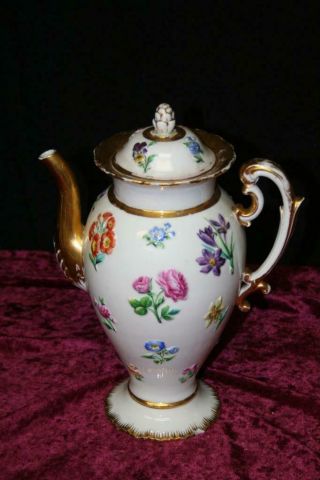 Antique Meissen Lidded Coffee Pot With Gold Trim And Popping Floral Design Rare