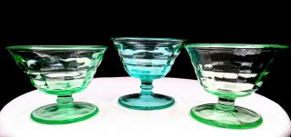Paden City Glass 191 Party Line Vaseline Green 3 Pc 3 3/8 " Low Sherbets 1928 -