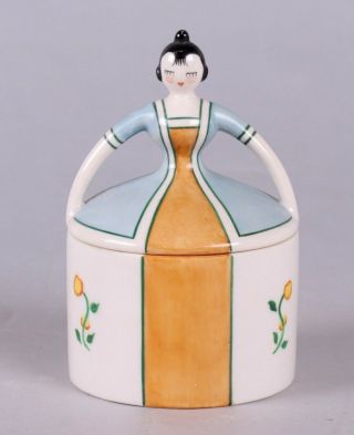 Vintage Fulper Pottery Art Deco Figural Covered Box / Dresser Jar - Incised Mark