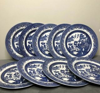 Set Of 9 Churchill Blue Willow 10 1/4 " Dinner Plates Made In England