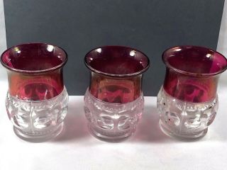 Set Of 3 Tiffin Kings Crown Thumbprint Ruby Red Clear Juice Water Glass Tumbler