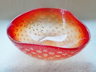 Vintage Hand Made Italian Murano Art Glass Bowl Red W/ Silver & Swirling Bubbles