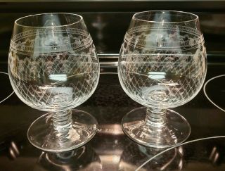 Rare Vintage Set 4 Needle Etched Crystal Brandy Snifters Liquor Glasses Fostoria