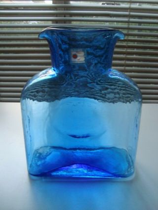 Blenko Azure Blue Double Spout Pitcher / Water Bottle With Sticker