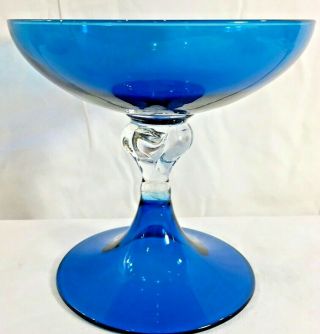 Vintage Mid Century Modern Blue Blown Art Glass Candy Dish Compote 6.  4” X 6.  5”