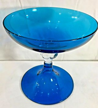 Vintage Mid Century Modern Blue Blown Art Glass Candy Dish Compote 6.  4” X 6.  5” 2
