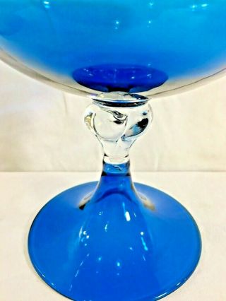 Vintage Mid Century Modern Blue Blown Art Glass Candy Dish Compote 6.  4” X 6.  5” 3