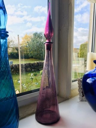Large Purple Amethyst Vintage Italian Empoli Glass Genie Bottle Decanter 1960’s