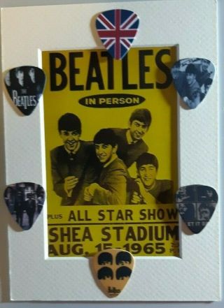 The Beatles " Shea Stadium " Guitar Pick Display W/six (6) Photo Picks