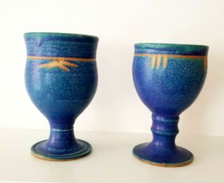 Set Of 2 His & Hers Ron Taylor Studio Pottery Large Chalice Goblets Blue