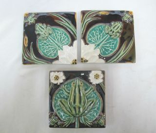 Bordallo Pineheiro Made In Portugal Frog Lily Pad Majolica Tile Set Of 3