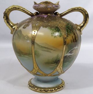 Antique Nippon Double Handled Vase Gold Moriage,  Scenic Landscape,  Maple Leaf 6.  5 "