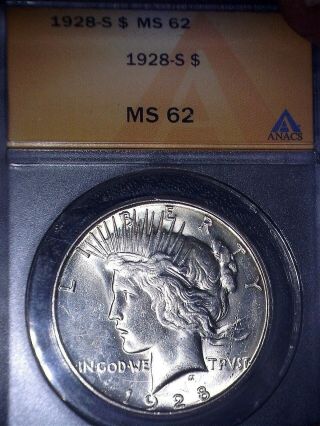 1928 - S Peace Silver Dollar Anacs Ms62.  Tough Date,