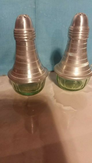 Vintage Aluminum Green Depression Glass Salt And Pepper Shakers