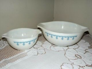 Vintage 2 Pyrex Cinderella Nesting Bowls Snowflake Blue Garland 1 & 13