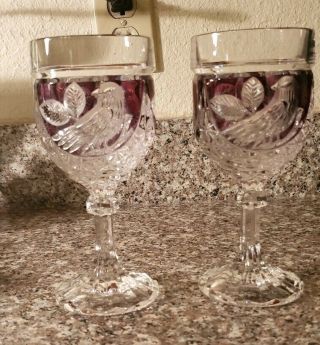 Set Of 2 Vintage Hofbauer Ruby Red Byrdes Wine Glasses German Lead Crystal 6.  5 "