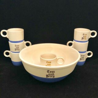 Vintage Universal Potteries Tom & Jerry 8 Piece Punch Bowl Set Blue & White Usa