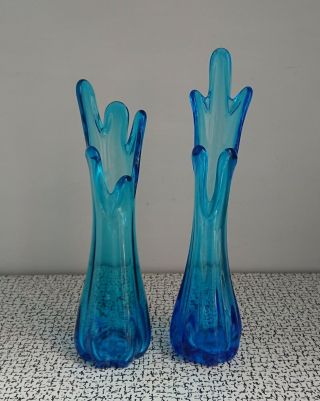 50s 60s Retro Vintage Turquoise Blue Murano Look Freeform Art Glass Stem Vases