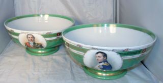 2 Royal Vienna Green Austrian Porcelain Napoleon Lefebure Portrait Punch Bowls