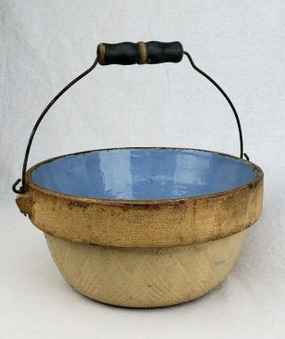 Antique Primitive Stoneware Mixing Bowl Bail Handle German Cooking Vessel Crock