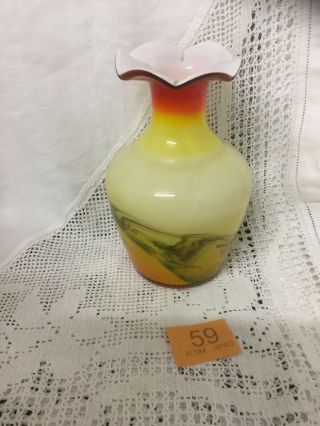 Stunning Vintage Murano Art Glass Swirl Pattern Vase 6” Tall Yellow Orange Green