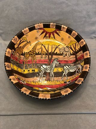 Penzo Zimbabwe Pottery Ceramic Hand Painted Large Bowl - Giraffes Zebras.