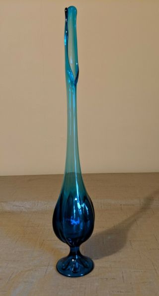 Vintage Viking Glass Blue 6 Petal Footed Vase,  Stretch Swung Glass,  20 1/4 " Tall