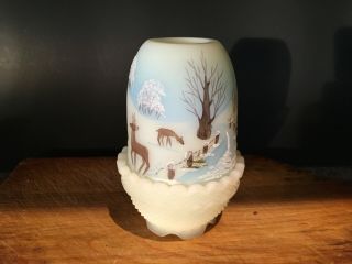 1979 Fairy Lamp Fenton Vintage Custard Satin Hand Painted Winter Scene Deer Tree