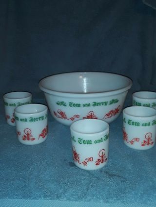 Vintage Hazel Atlas Tom And Jerry Punch Eggnog Bowl Set With 5 Handled Cups