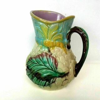 Antique Majolica Pottery Pitcher With Leaf Motif