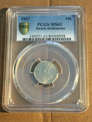 Straits Settlements Pcgs Ms 63 1927 10 Cents Silver Unc Coin George V Malaya Bu