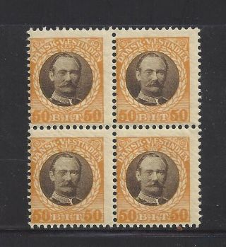 Danish West Indies 1908 50 Bit King,  Scott 50 Block Of 4,  Scv $23