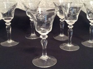 Set Of 6 Vintage Clear Floral Etched Crystal Stemmed Cordial Glasses